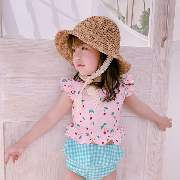 

cherry new sweet korean girls' lovely split baby middle school children's swimsuit with hairband, White;black