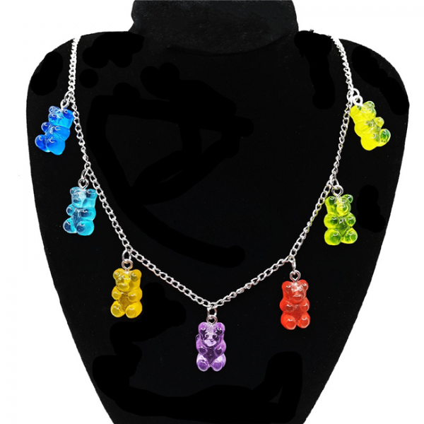 

chokers rainbow cute jelly bear gummy necklaces for women girls punk hip hop resin stainless steel chain accessories, Golden;silver