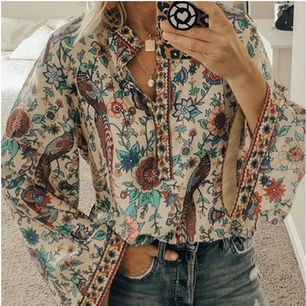 

women's blouses & shirts 2021 blouse floral print lantern sleeve shirt lace-up tassel o neck women spring summer chic 5xl, White