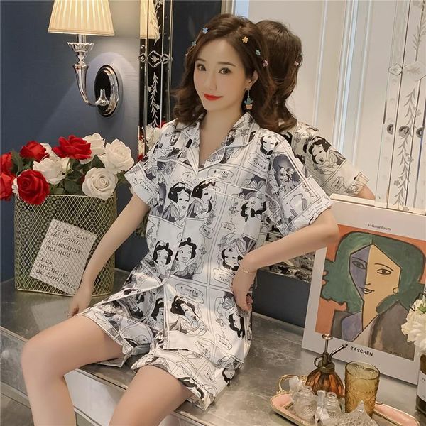 

red leisure silk satin pajamas for women kawaii print pyjamas fashion ladies korean short sleeved sleepwear nightwear set, Black;red