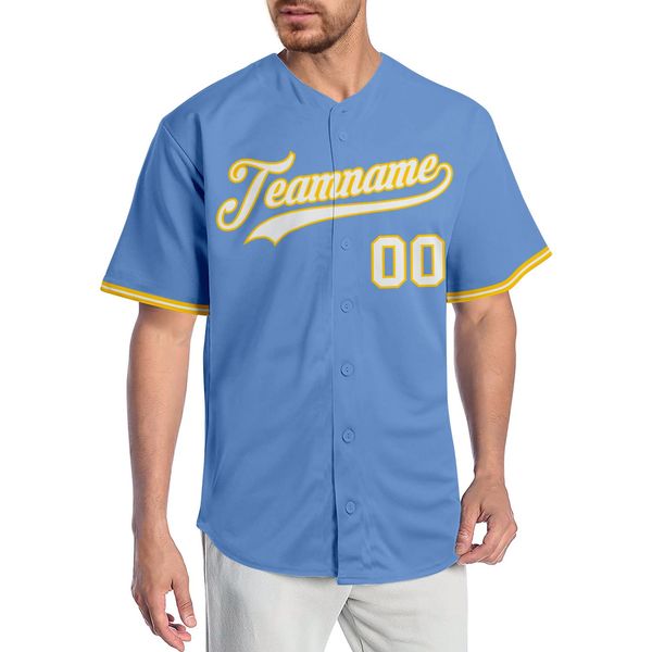 

custom light blue white-gold authentic baseball jersey, Blue;black