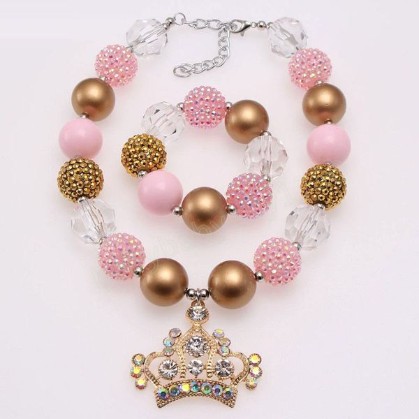 

rhinestone crown pendant necklaces girls chunky beaded necklace bracelets set fashion pink + golden beaded jewelry set for party gifts, Red;brown