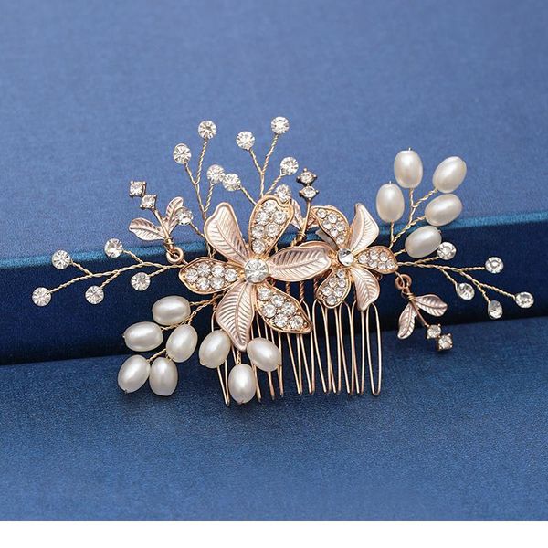 

trendy handmade tiara wedding hair comb leaf flower bridal headpiece gold pearl rhinestone head jewelry wedding hair acc qylyrz