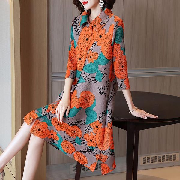 

casual dresses plus size women clothing autumn 2021 turndown collar loose stretch miyake single breasted printed dress for 45-75kg, Black;gray