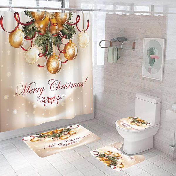 

christmas balls shower curtain 4 pieces durable fabric christmas bell bathroom mat soft rug toilet cover bath pad set
