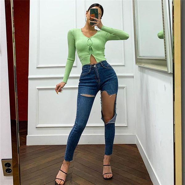 

women's jeans 2021 korean version of the high waist slim dark blue big hole lifting hips tight skinny thin feet nine pants