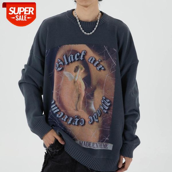 

2020ss mens knitted sweater harajuku angel baby print sweater oversize hip hop streetwear cotton loose pullover men women black #ba72, White;black