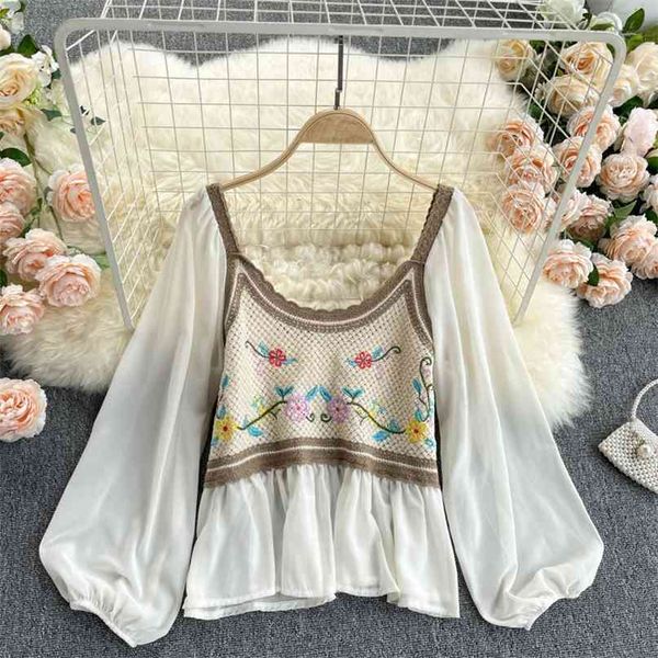 

women fashion embroidery flower knitting contrast color long sleeve ruffled chiffon shirt blouse r700 210527, White