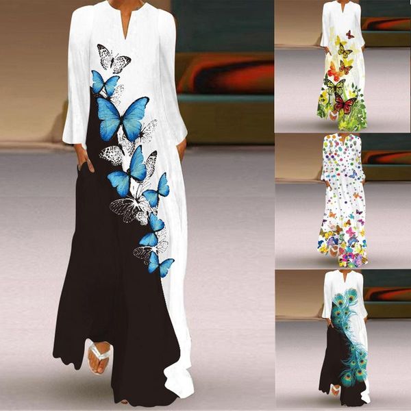 

casual dresses flower printed long autumn pocket v-neck sleeve for women party bohemian ankle-length vintage dress 2021, Black;gray