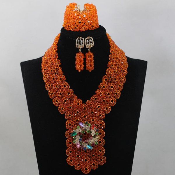 

earrings & necklace orange color handmade beaded seed crystal jewelry set african beads women/bridal alj998, Silver