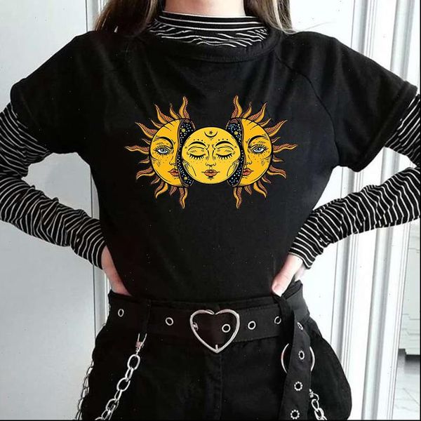 

harajuku sun and moon graphic sleeve novelty funny t shirt women casual oversized printed t shirt women clothing t shirts, White