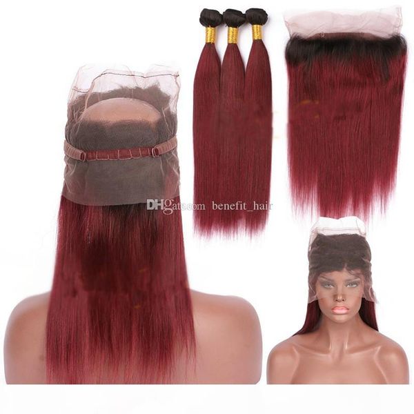 

silky straight 1b 99j hair bundles with 360 frontal wine red ombre burgundy pre plucked 360 frontal closure with 1b 99j hair bundles, Black;brown