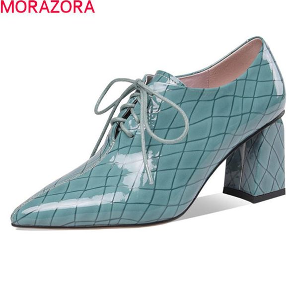 

dress shoes morazora big size 34-41 high heels genuine leather women pumps fashion lace up pointed toe casual single, Black