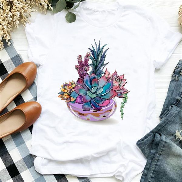 

90s plant cartoon flower fashion women t shirts print casual tee clothes graphic, White