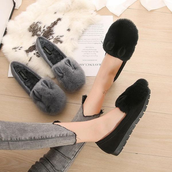 

dress shoes women fur peas winter warm cozy height increasing velvet ladies fluffy slip-on outdoor casual 2021, Black