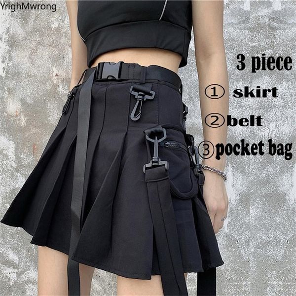 

high waist belt ribbon zipper pocket pleated mini short skirt harajuku streetwear korean women gothic cargo punk dark set 210311, Black