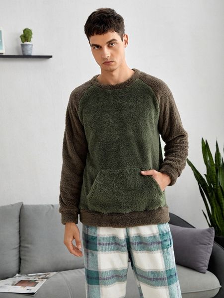 

men kangaroo pocket raglan sleeve colorblock teddy pj k37w#, Black;brown