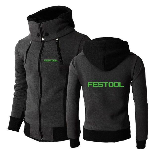 Felpe con cappuccio da uomo 2021 Festool Tools Felpa stampata Giacca da motociclista Cappotto con doppia zip Sciarpa Colletto in pile Giacca a vento