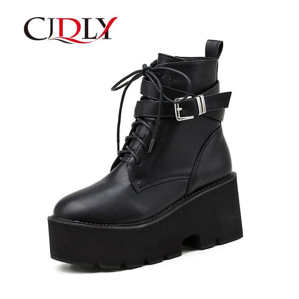 

boots cjdly gothic chain women leather autumn block heel black punk style platform shoes female footwear