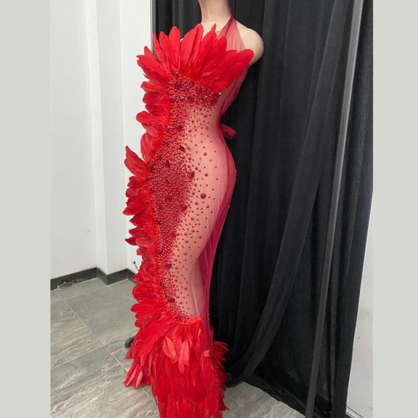 

luxury red crystal feathers see through mesh long dress women evening prom wedding bithday party dress singer stage wear, Black;red