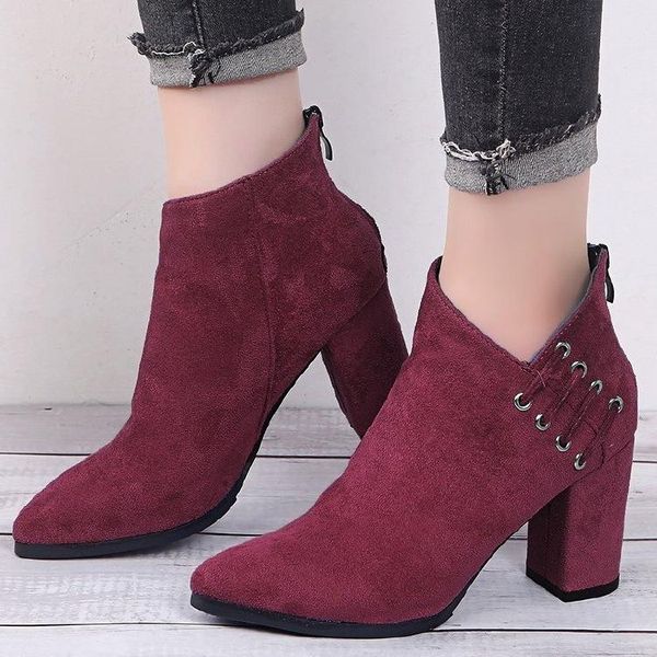 

boots women's suede thick heel short style shoes spring and autumn single versatile medium ankle, Black