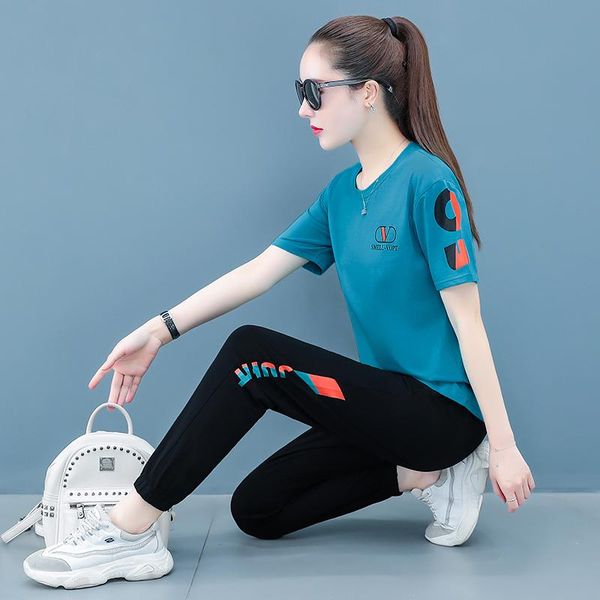

women's two piece pants girls' student cotton suit summer fashion show skinny age-reducing running casual wear short sleeve set, White