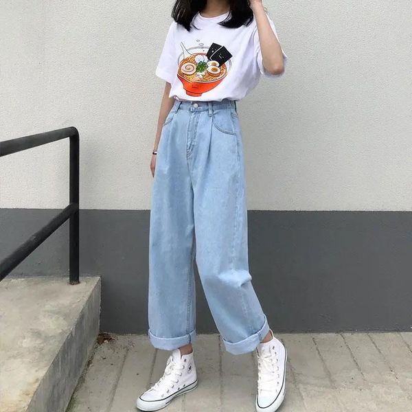 

women's jeans 2021 summer solid pants female boyfriend hip hop high waist kawaii cool stright trousers girl, Blue