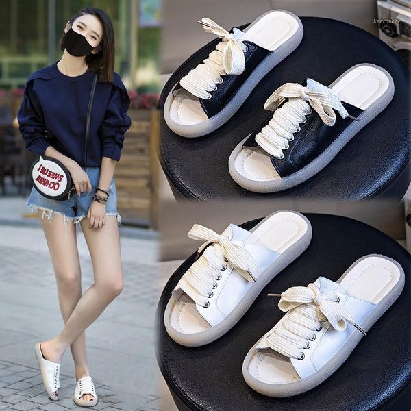 

slippers cow leather wear 2021 summer fashion leisure breathable fish mouth versatile flat bottom sandals, Black