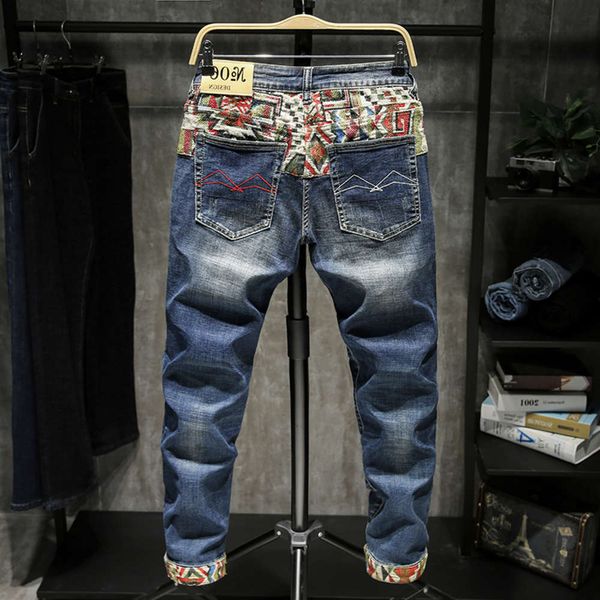 

20212020 new personalized splicing jeans men's elastic spring and autumn season tide brand small foot street locomotive chinese style, Blue