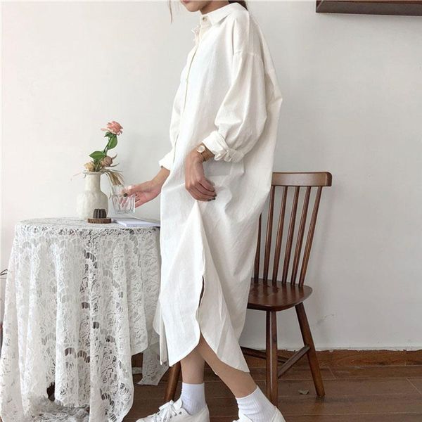 

casual dresses women's dress shirt white blue oversized linen cotton long work loose maxi sleeve, Black;gray