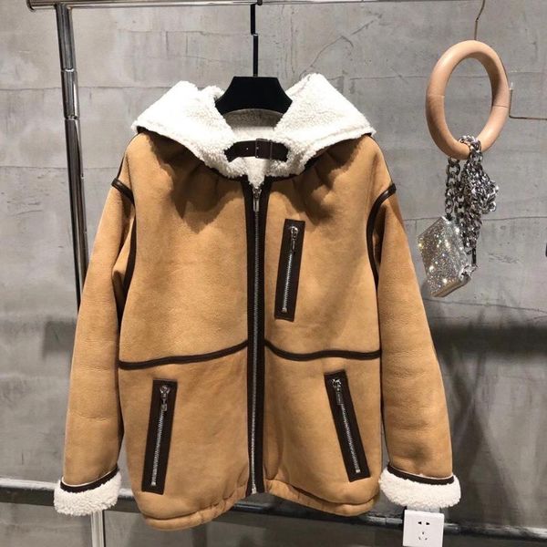 

women's leather & faux shearling hooded jacket ladies genuine sheep coat women natural lambskin outwear warm and thick, Black
