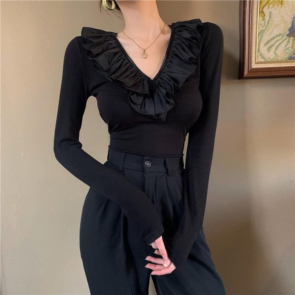 

women's t-shirt 2021 slim fit v-neck black basic t shirt women temperament long sleeve tshirts ruffle patchwork camisetas, White