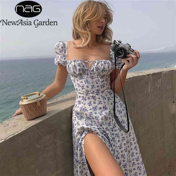 

asia floral print dress sweet square neck puff sleeve side spilt drawstring maxi dresses for women party chic casual outfits 210623, Black;gray