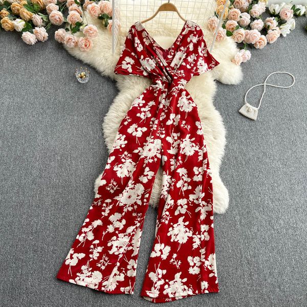 

summer women jumpsuits v-neck short sleeve wide leg romper female black/red loose high waist playsuits beach vacation 2021swimwear bath, Black;gray