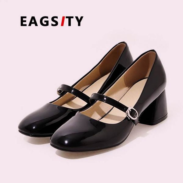 

dress shoes eagsity patent leather mary jane women block heel buckle strap ladies pumps fashion party wedding, Black