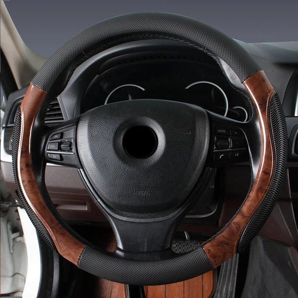 

steering wheel covers pu leather car cover men wood grain universal auto protector 38cm/15" anti-slip breathable