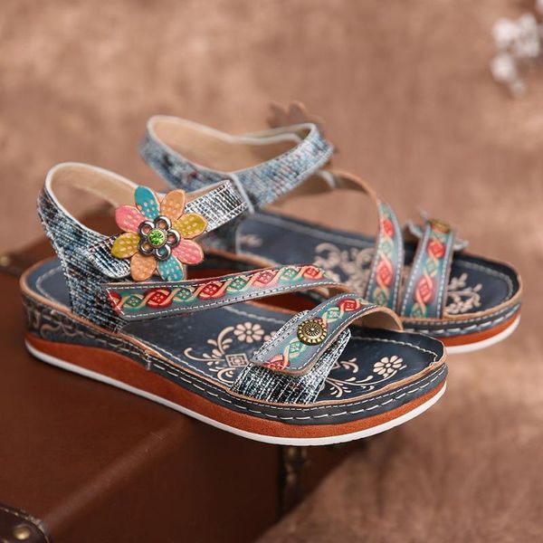 

sandals summer applique flat women round toe bohemian printing denim blue woman shoes wedge designer 2021, Black