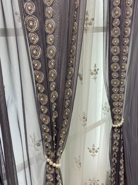 

2021 new gray embroidered pearl gauze curtain light luxury modern simple european breathable curtains for living room bedroom