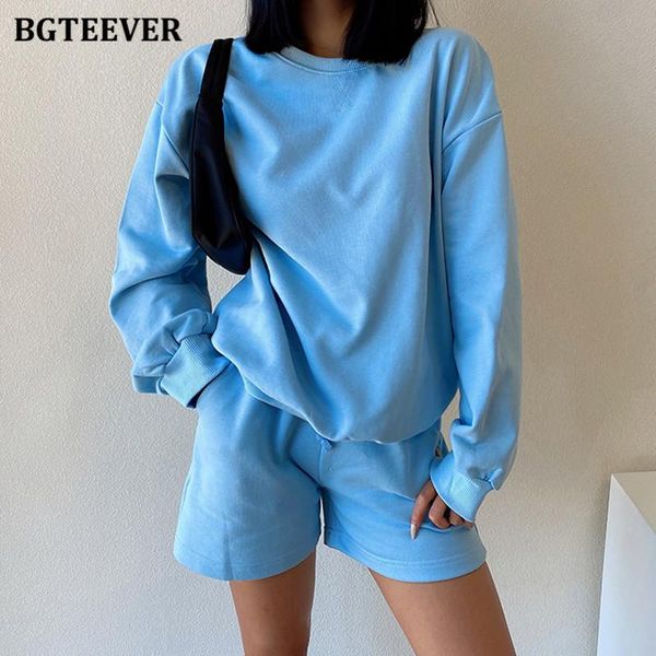 

women's tracksuits bgteever casual ladies o-neck full sleeve sweatshirts & elastic waist drawstring shorts women 2 pieces set, Gray