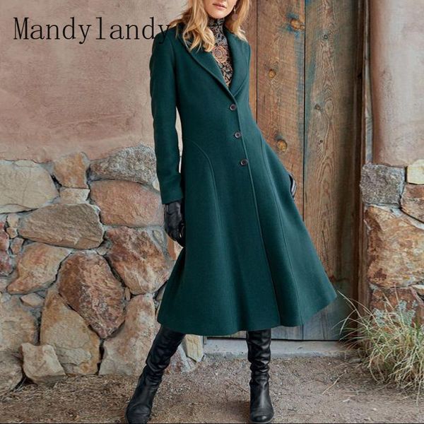 

women's wool & blends mandylandy woolen coat women casual solid color single-breasted turn-down collar autumn slim long sleeve v-neck, Black