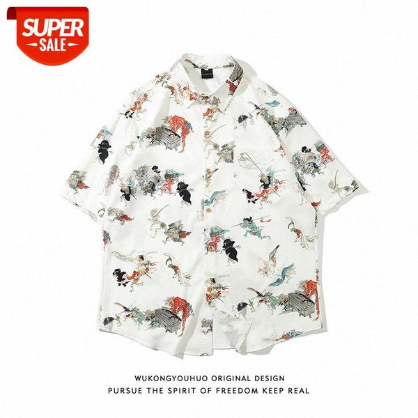 

men's hip-hop retro print shirt loose wei yi short-sleeved flower jacket men #eh14, White;black