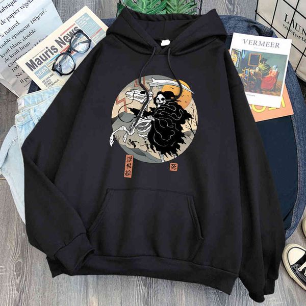 

japane animation ukiyo printing hoodie men's casual polar loose clothing hip hop fashion hoodie men's pocket harajuku sweatshirt, Black