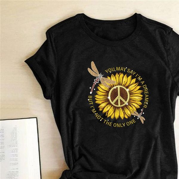 

you may say im a dreamer but im not the only one women t shirt sunflower dragonfly summer t shirt women femme, White