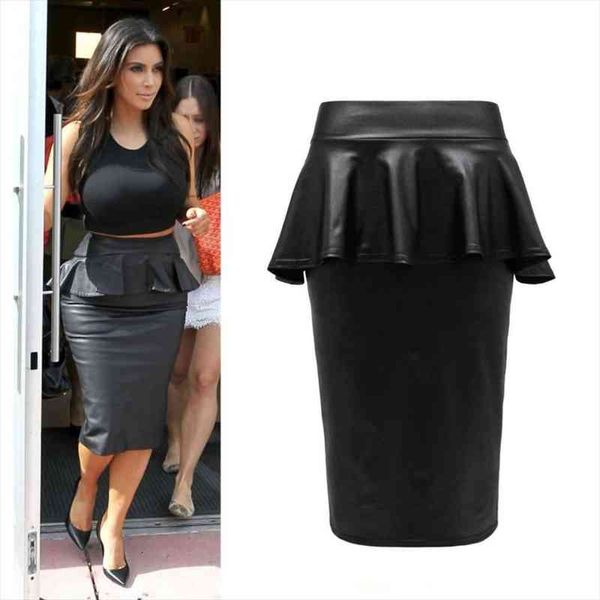 

2015 summer bodycon womens skirts plus size faux leather ruffles midi peplum pencil skirt smart office saias lapis, Black