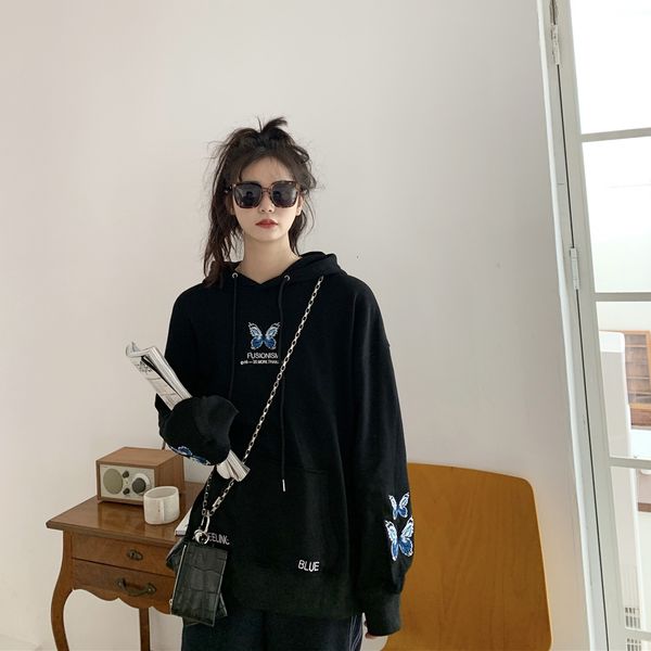 

2021 new autumn college style all-match loose hoodie pullover embroidery butterfly long-sleeved hooded sweatshirt vna7, Black