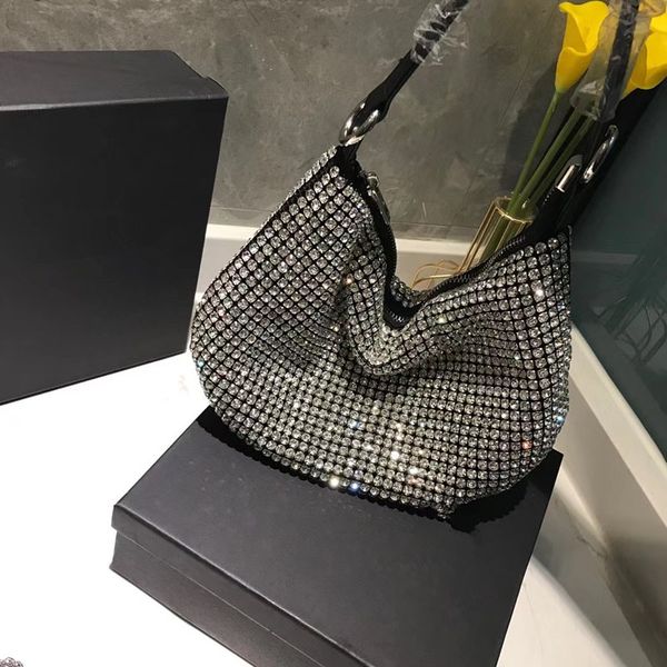 

round cake semicircle drill bags brand full diamond shoulder bag large capacity bucket pouch luxury designer genuine leather axillary packag, Black;red