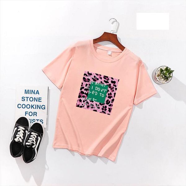 

leopard print spring summer women short sleeve o neck cotton tees slim fit, White