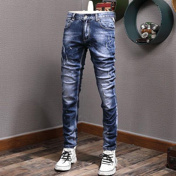 

men's jeans italian style fashion men retro blue elastic slim ripped scratch designer vintage casual splashed denim pants