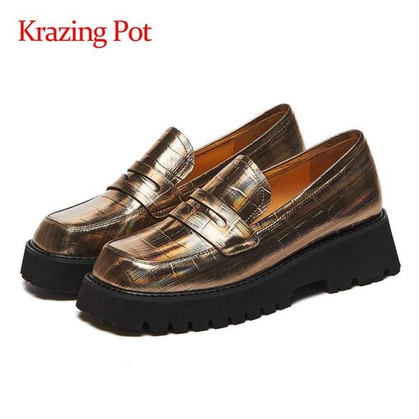 

dress shoes krazing pot 2021 recommend genuine leather round toe high heels simple preppy style thick bottom slip on cozy women pumps l82, Black