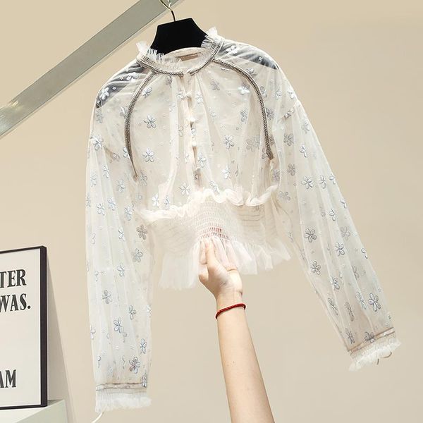 

early autumn new shirt lady thin mesh pullover shirts women's waist hugging long-sleeved printed bottoming blouse blusas, White